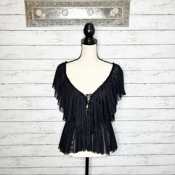 Black Off the Shoulder Lace Up Tulle Layered Blouse Size Small - Picture 2 of 8